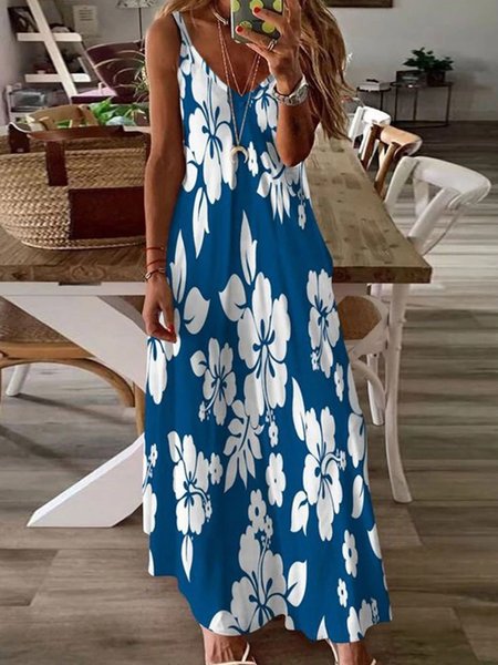 

Floral Sleeveless V Neck Plus Size Casual Dresses, White-blue, Maxi Dresses