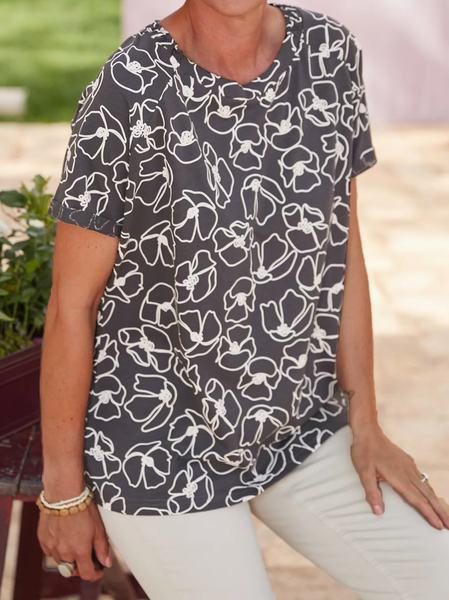 

Casual Floral Loosen Short Sleeve T-shirt, Deep gray, T-Shirts