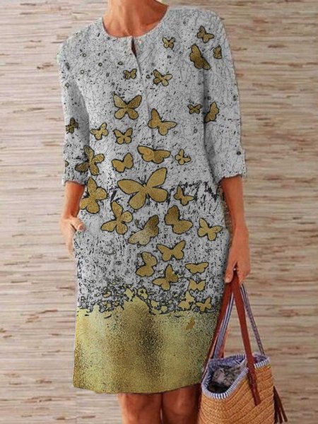 

Loosen Crew Neck Butterfly Short sleeve Woven Dress, Multicolor, Dresses