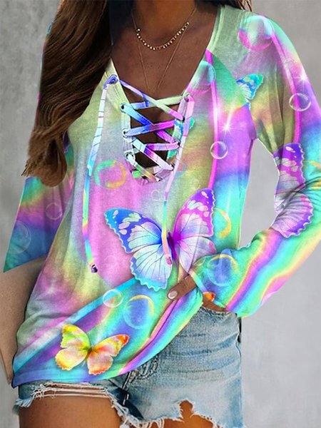 

Ombre V Neck Vacation Shirts & Tops, Multicolor, Long sleeve tops