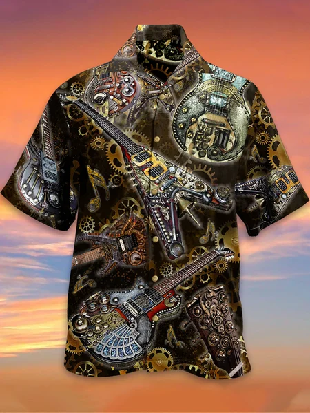 

Mens Music Print Casual Breathable Short Sleeve Hawaiian Shirt, As picture, Men's Floral shirt