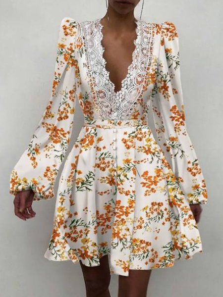 

V Neck Floral Regular Fit Mini Dress, Yellow, Mini Dresses