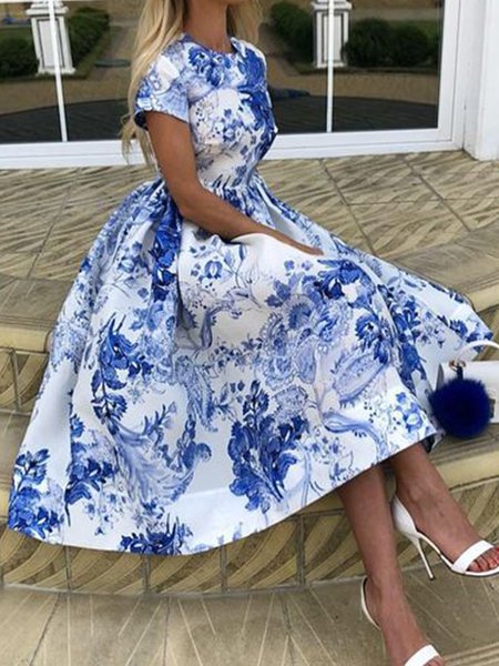 

Floral Regular Fit Crew Neck Elegant Dress, Blue, Midi Dresses