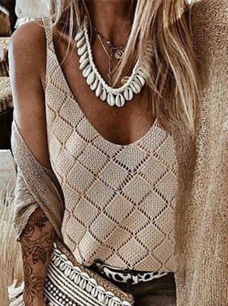 

Guipure Hollow Out Plain Sweater vest vest vest, Khaki, Sweaters