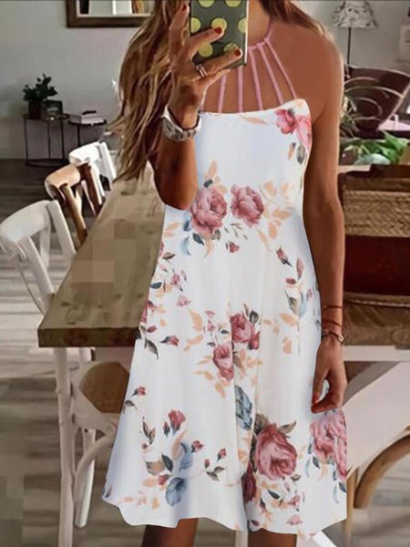 

Romantic Floral Printed Hollow Out Cotton Blends Loosen Midi Dresses, Flower, Mini Dresses