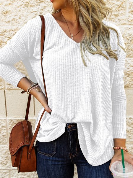 

Waffle textured fabric is simple and loose Simple V Neck Shirts & Tops Plus Size, White, Long sleeve tops