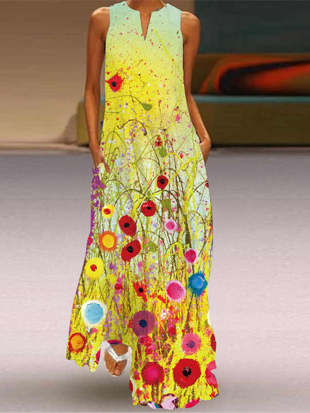 

V Neck Floral Cotton Blends Dresses, Multicolor, Dresses