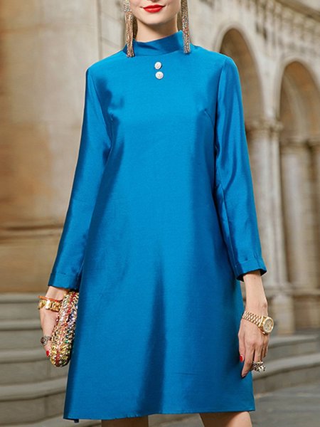 

Plain Stand Collar Elegant Mini Dress, Blue, Mini Dresses