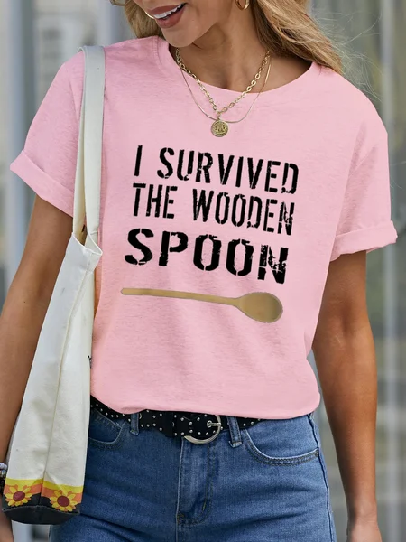 

I Survived An Lrish Mother And The Wooden Spoon Crew Neck Casual Short sleeve tops, Pink, T-shirts
