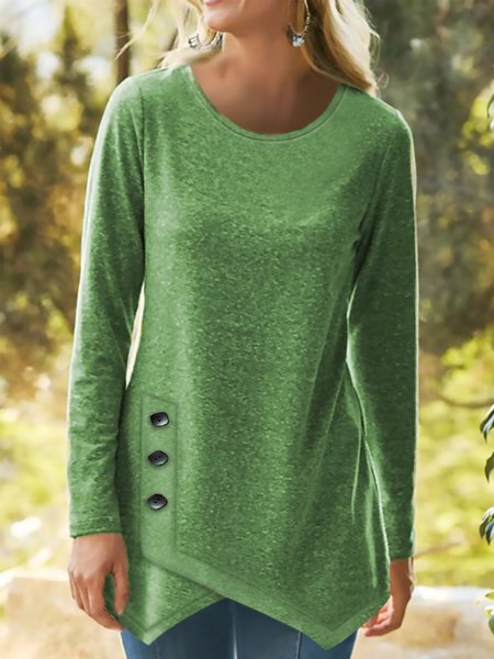 

Loosen Solid Casual Cotton Blends Irregular Craftsmanship Asymmetric TUNICShirts & Tops, Green, T-Shirts