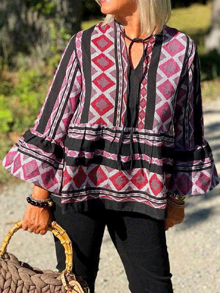

V Neck Boho Loosen Long sleeve tops, Black, Tops