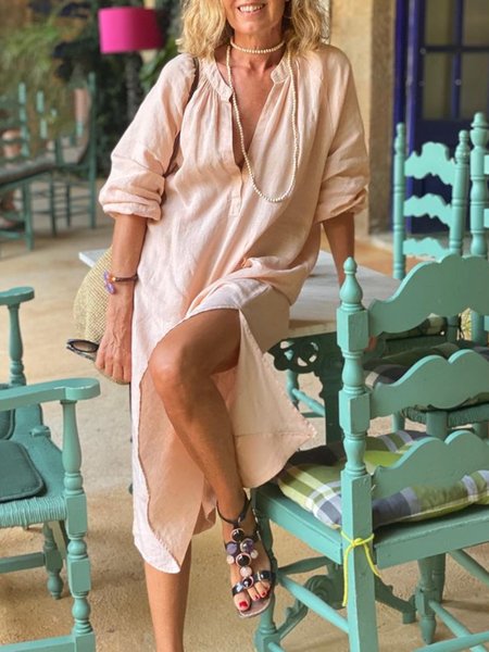 

Plus Size Casual Solid V neck Loosen Long Sleeve Long sleeve Woven Dress, As picture, Midi Dresses