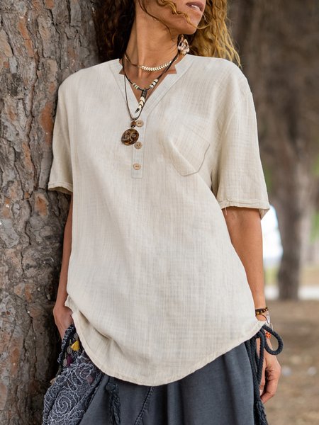 

Cotton Casual Loosen V Neck Pockets Off Shoulder Linen Shirts & Tops, As picture, Tops