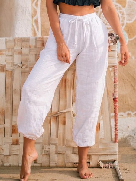 

Linen Casual Plain Color Ninth Pants, White, Pants