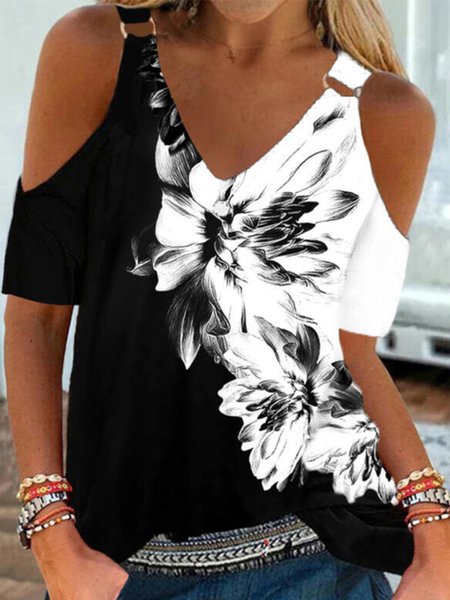 

Color Block Floral Casual Shirts & Tops, Black-white, Tees & T-shirts