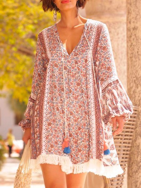 

Floral V Neck Casual Dresses, As picture, Mini Dresses