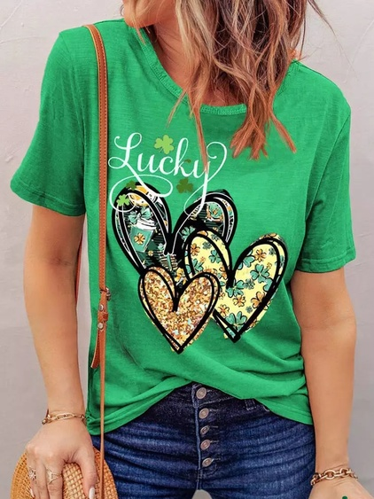 

St. Patrick's Day Floral Letter Casual Short Sleeve T-shirt, Green, T-Shirts