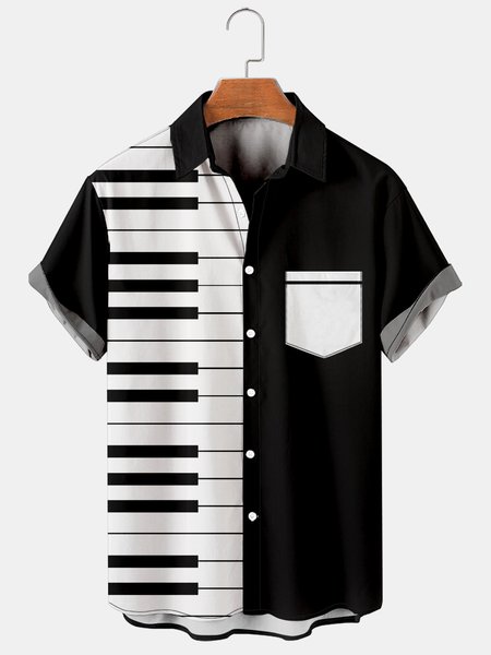 

Mens Music Print Casual Breathable Hawaiian Short Sleeve Shirt, Black, Men's Floral shirt
