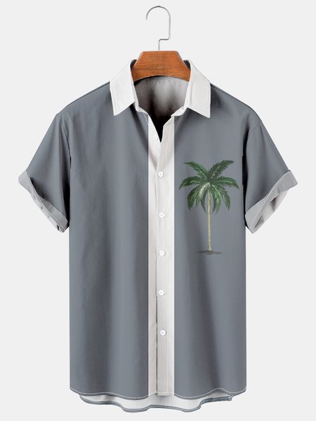 

Mens Coconut Tree Print Casual Breathable Short Sleeve Bowling Shirt, Gray, Shirts ＆ Blouse