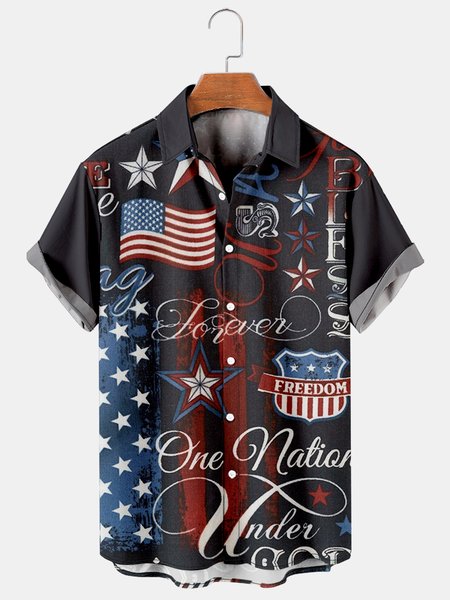 

Men's Vintage Cultural Flag Print Short Sleeve Shirt, Blue, Men's Floral shirt