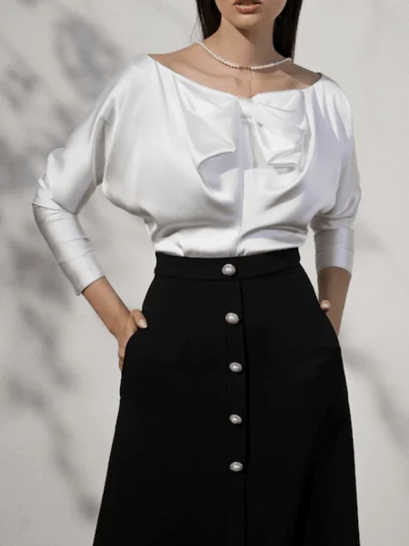 

Spring Satin Round Neck Elegant Lightweight Slightly stretchy Tops, White, Tops