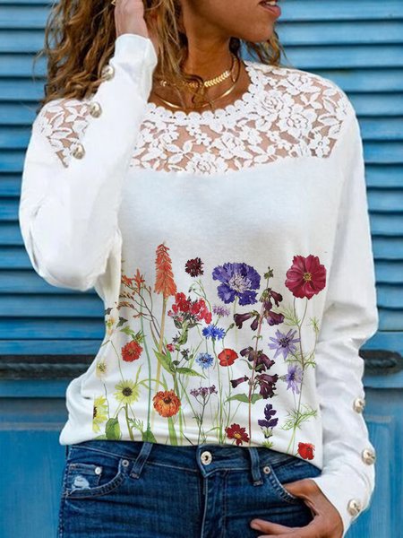 

Casual Floral Printed Lace Buttoned Loosen Long Sleeve T-shirt, White, T-Shirts
