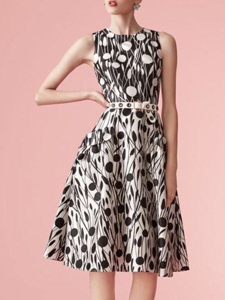 

Floral Elegant Crew Neck Daily Dress, White, Midi Dresses