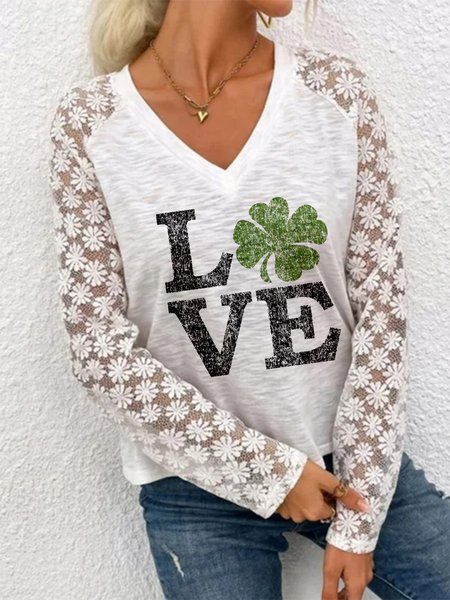 

St. Patrick's Day LOVE Print Lace T-Shirts & Tops, White, Long sleeve tops