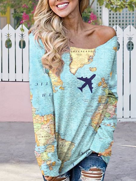 

Map Print Earth Day Theme Spring New Designer Women's Long Sleeve Top, Multicolor, Long sleeve tops