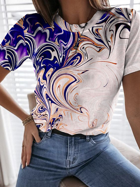 

Geometric Short Sleeve Crew Neck Plus Size Casual Tops, Multicolor, T-Shirts