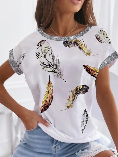 

Elegant vacation, loose feathers Shirts & Tops Plus Size Gliter Sequins, White, T-Shirts