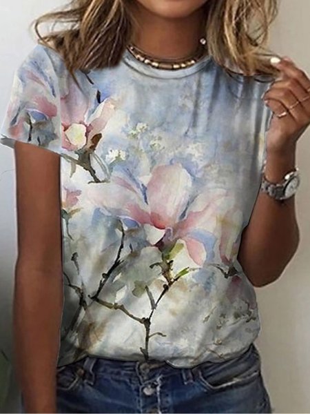 

Floral Short Sleeve Crew Neck Plus Size Casual Tops, Multicolor, T-Shirts