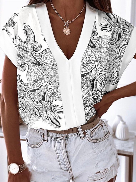 

Short sleeve Casual V Neck Floral Shirts & Tops, White, Tops