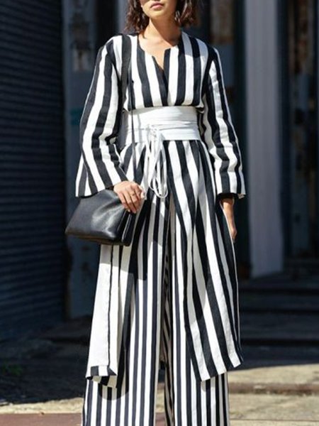 

Simple Long Sleeve Striped Regular Fit Long Trench coat, Black-white, Blazers