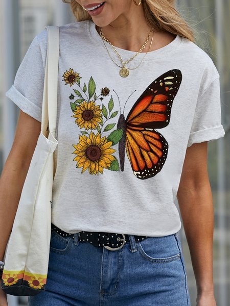 

Sunflower And Butterfly Women's Short sleeve tops, White, T-shirts