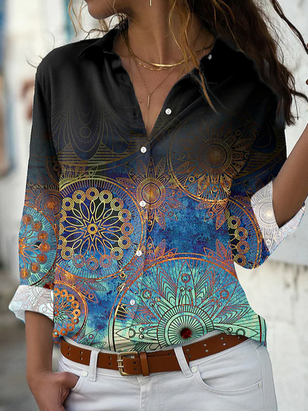 

Ombre Shirt Collar Cotton Blends Shirts & Tops, Blue, Shirts & Blouses