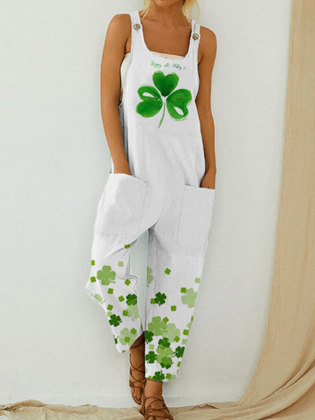 

Shamrock Festive Print Strap Jumpsuit with Pockets Loosen Shamrock Casual One-Pieces, White, Jumpsuits＆Rompers