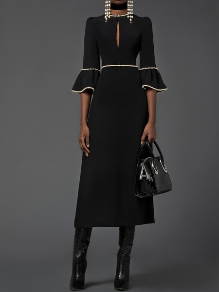 

Elegant Crew Neck Solid Half Sleeve Midi Dress, Black, Midi Dresses
