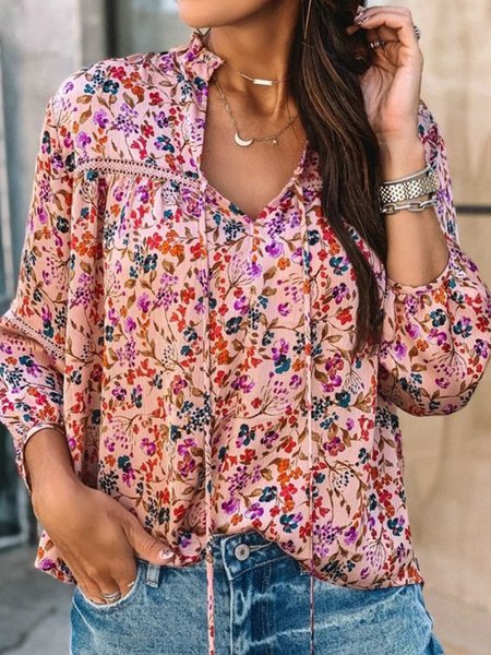 

Plus Size Boho V neck Floral Loosen Long Sleeve Shirts & Tops, As picture, Tops