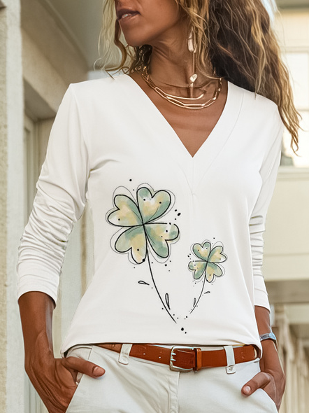 

four-leaf clover print casual top, White, Tops