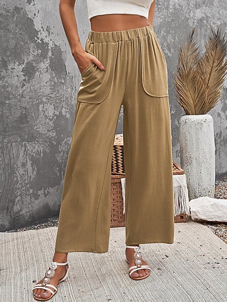 

Holiday wash cotton loose elastic waist pocket wide leg pants Plus Size, Khaki, Pants