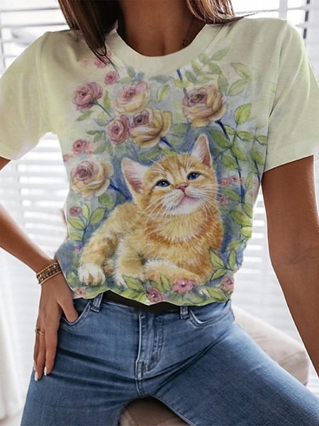 

Cat Floral Short Sleeve Crew Neck Plus Size Casual Tops, Multicolor, T-Shirts