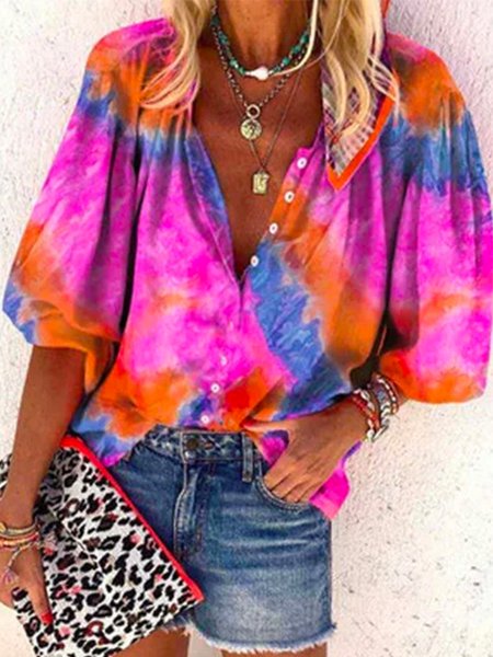 

Boho Ombre 3/4 Sleeve Plus Size Casual Shirt Tops, Multicolor, Blouses & Shirts