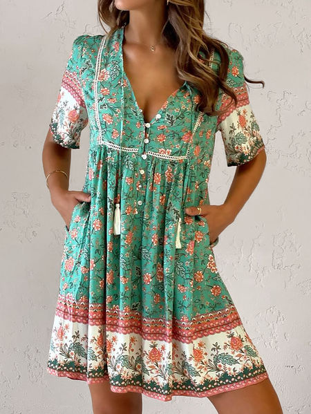 

Plus size Floral Boho Short Sleeve Short sleeve Woven Dress, Green, Mini Dresses