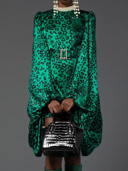 

Elegant Leopard Long Sleeve Crew Neck Regular Fit Mini Dress, Green, Midi Dresses