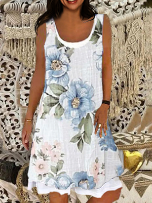 

Women's A Line Dress Knee Length Dress White Sleeveless Floral Print Round Neck Casual Boho Loosen U-Neck Dresses, Mini Dresses