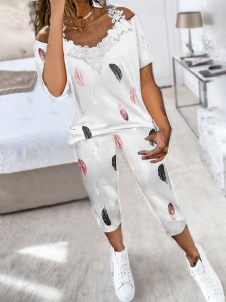 

Casual Feather Printed Half Sleeve Cotton Blends Loosen Suits, As picture, Two-piece Outfits