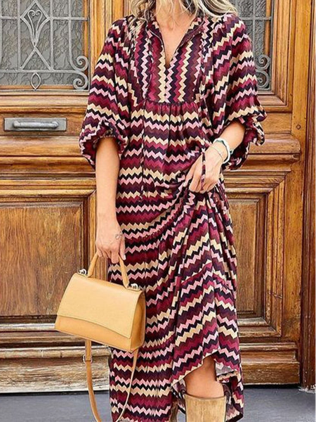 

Loosen Boho Long sleeve Woven Dress, Multicolor, Midi Dresses
