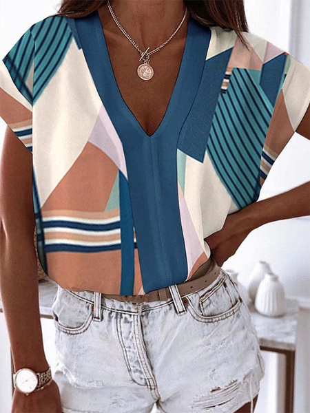 

V neck Geometric Short sleeve Casual Shirts & Tops, Blue, Tops
