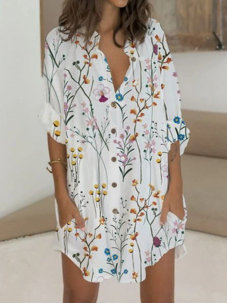 

Floral Printed Pockets Cotton Blends Dresses, White, Mini Dresses
